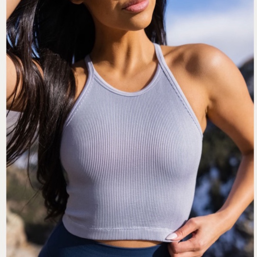 Balance Athletica/Vitality high neck ribbed cropped synergy tank top NWOT in ash
